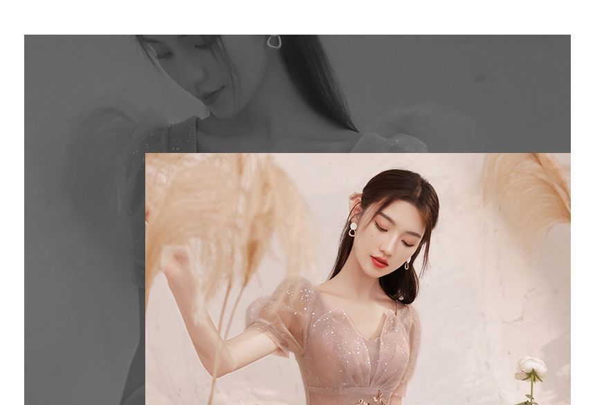 Gown Evening A-Line Sequined Mesh Short-Sleeve V-Neck