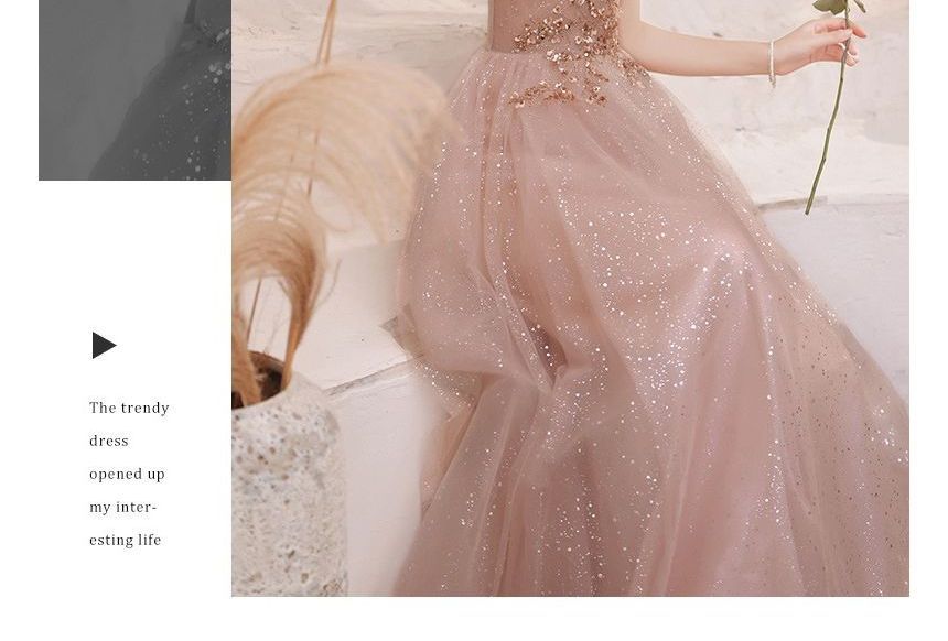 Gown Evening A-Line Sequined Mesh Short-Sleeve V-Neck