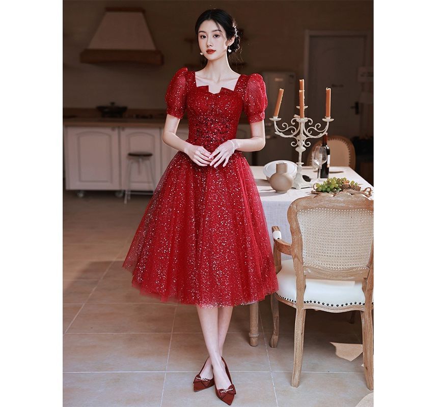 Short-Sleeve Evening A-Line Sequined Gown Notched