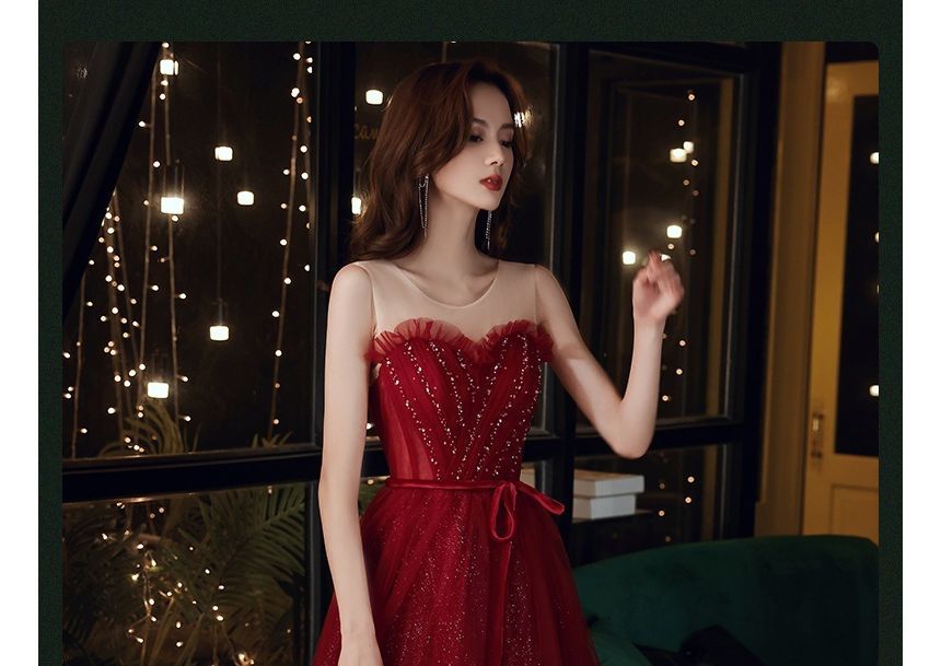 Crew Sleeveless A-Line Evening Neck Mesh Gown