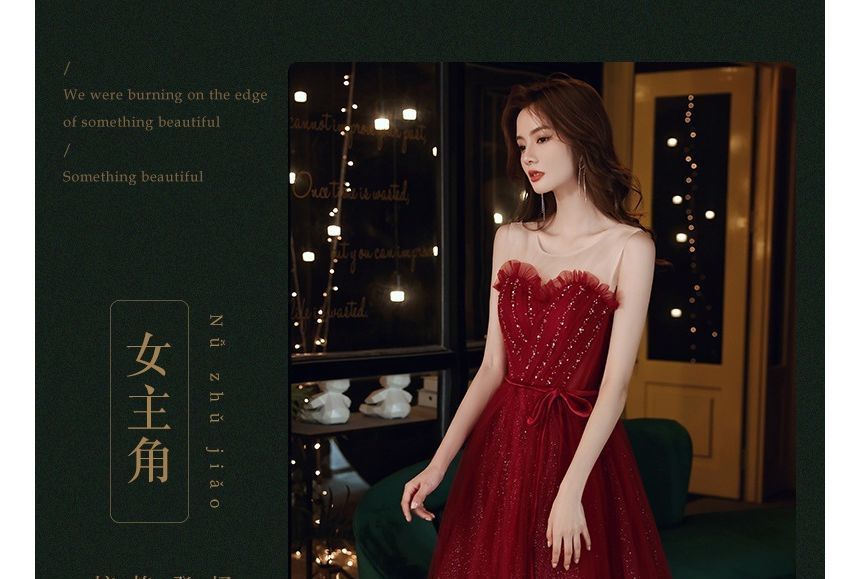 Crew Sleeveless A-Line Evening Neck Mesh Gown