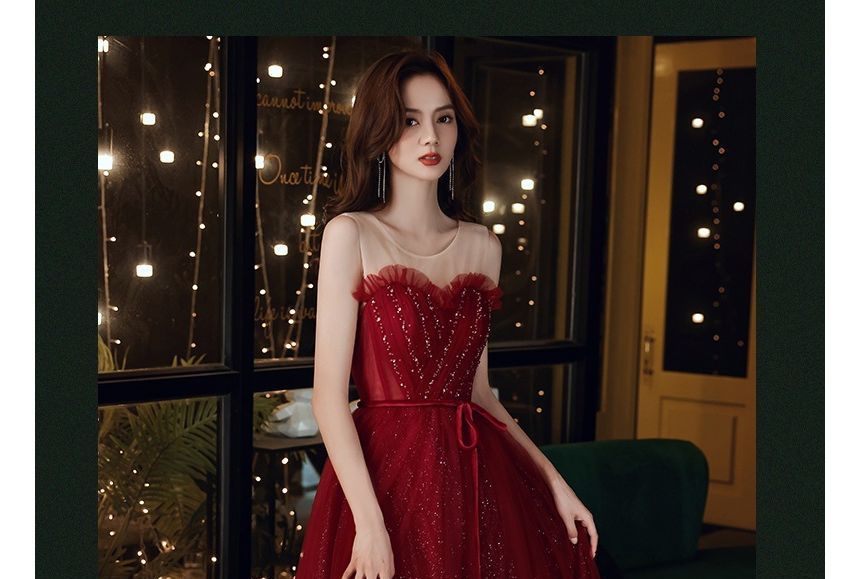 Crew Sleeveless A-Line Evening Neck Mesh Gown