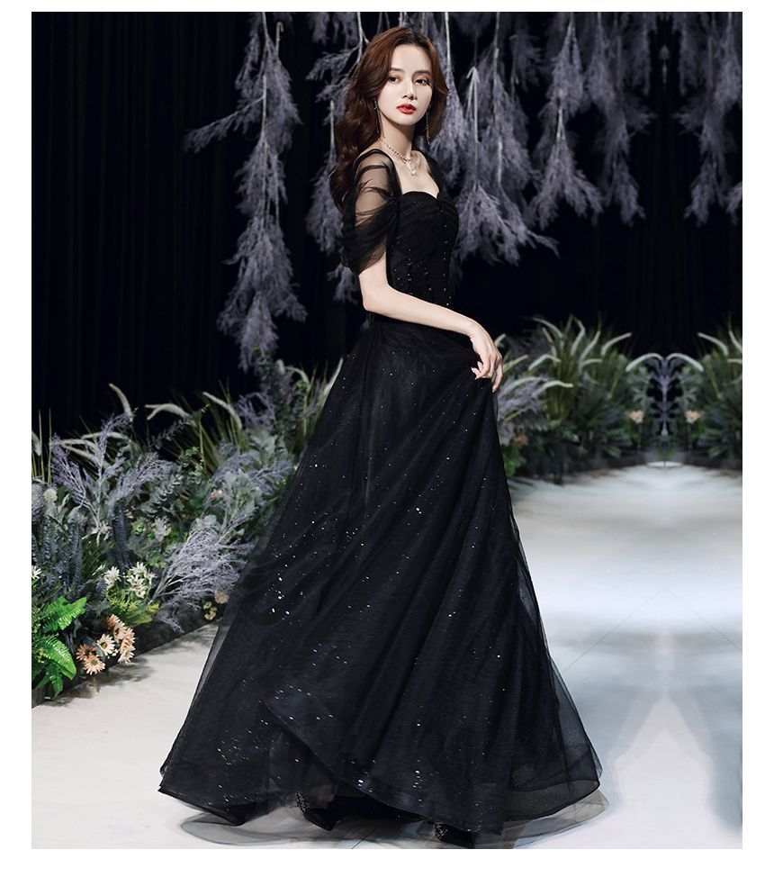 Square Neck Evening Mesh Short-Sleeve Gown