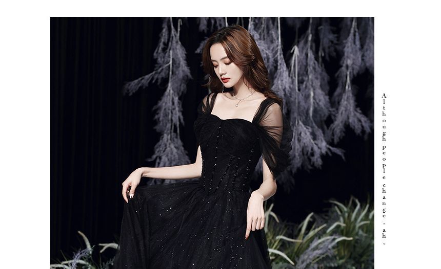 Square Neck Evening Mesh Short-Sleeve Gown