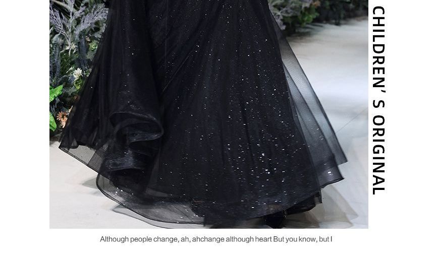 Square Neck Evening Mesh Short-Sleeve Gown