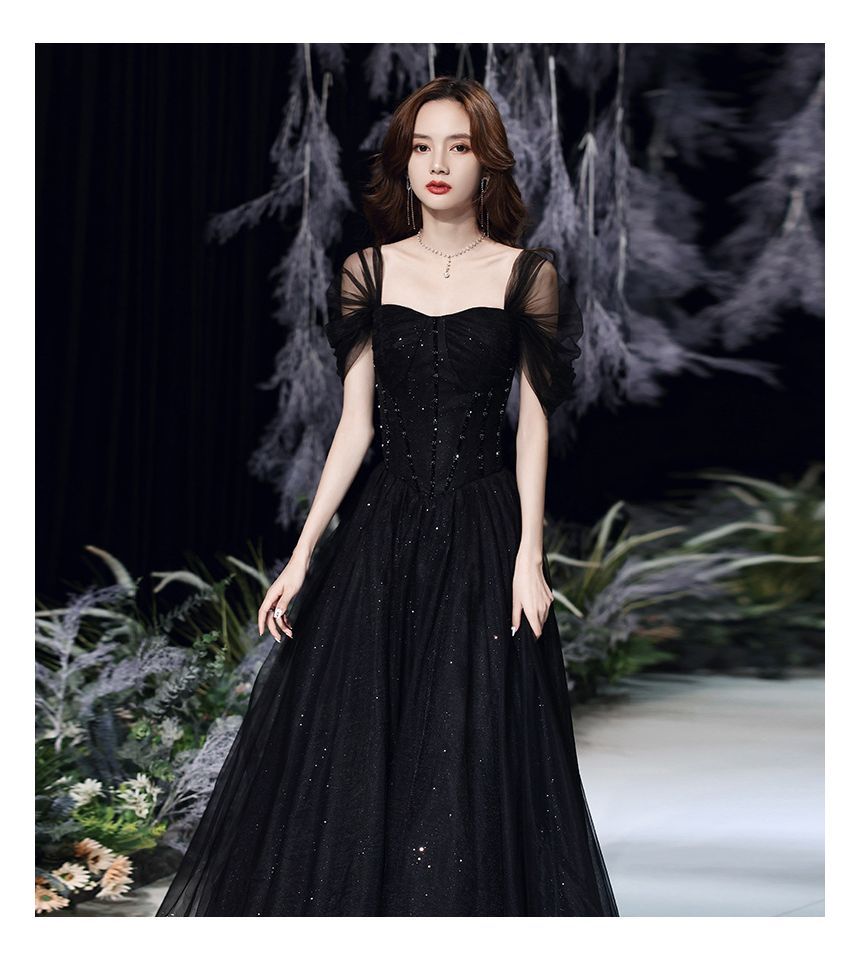 Square Neck Evening Mesh Short-Sleeve Gown