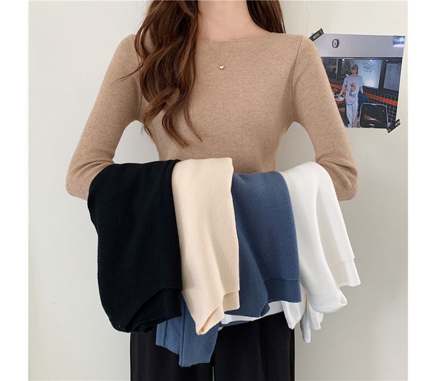 Plain Long-Sleeve Knit Slim-Fit Top