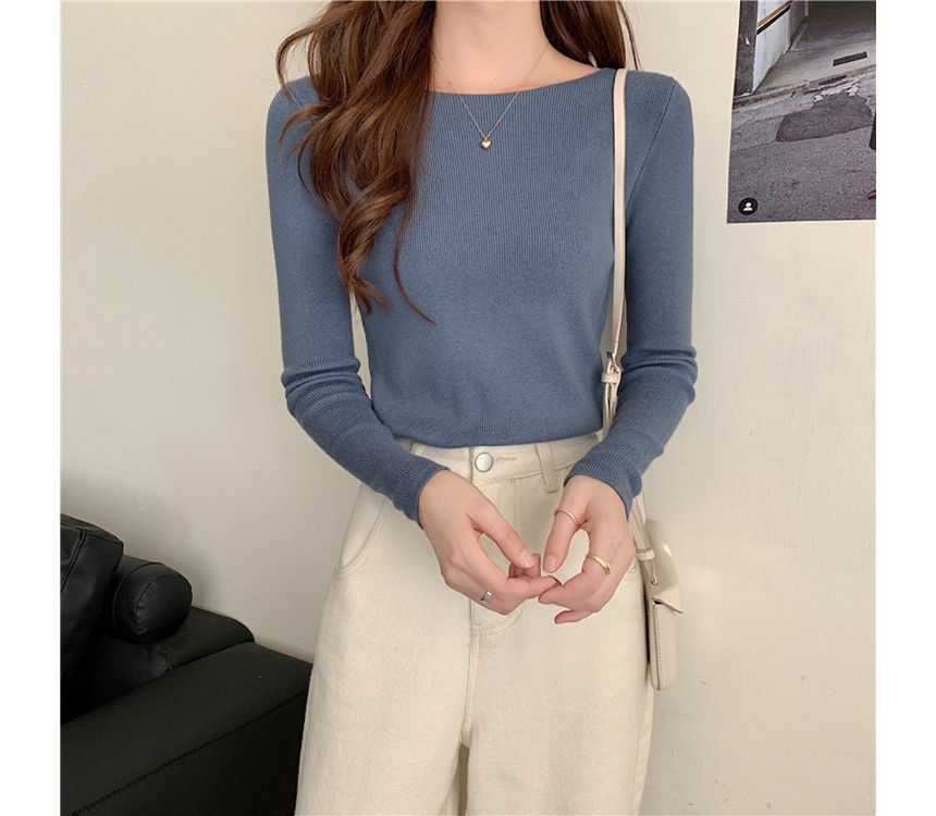 Plain Long-Sleeve Knit Slim-Fit Top