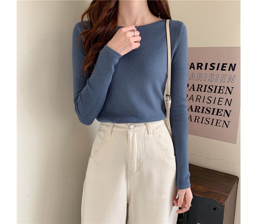 Plain Long-Sleeve Knit Slim-Fit Top