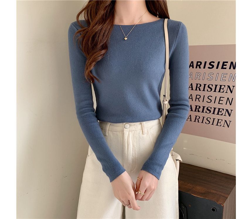 Plain Long-Sleeve Knit Slim-Fit Top