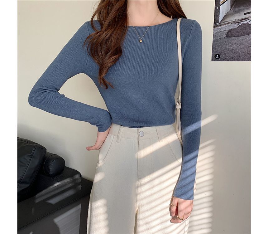 Plain Long-Sleeve Knit Slim-Fit Top
