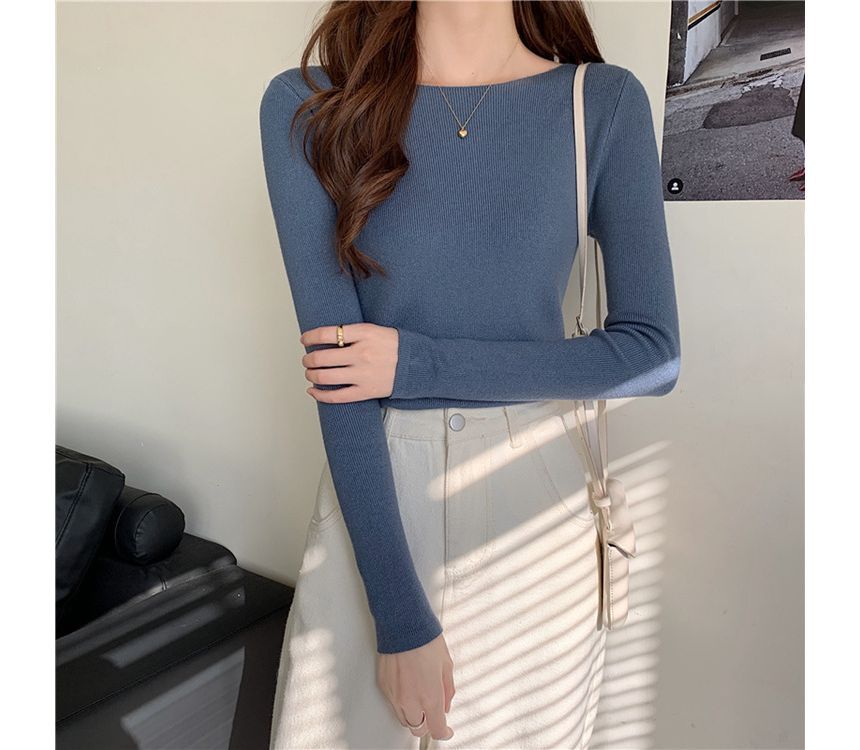 Plain Long-Sleeve Knit Slim-Fit Top