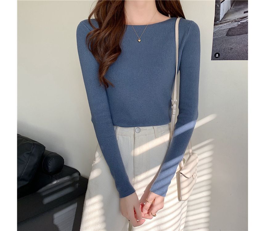Plain Long-Sleeve Knit Slim-Fit Top