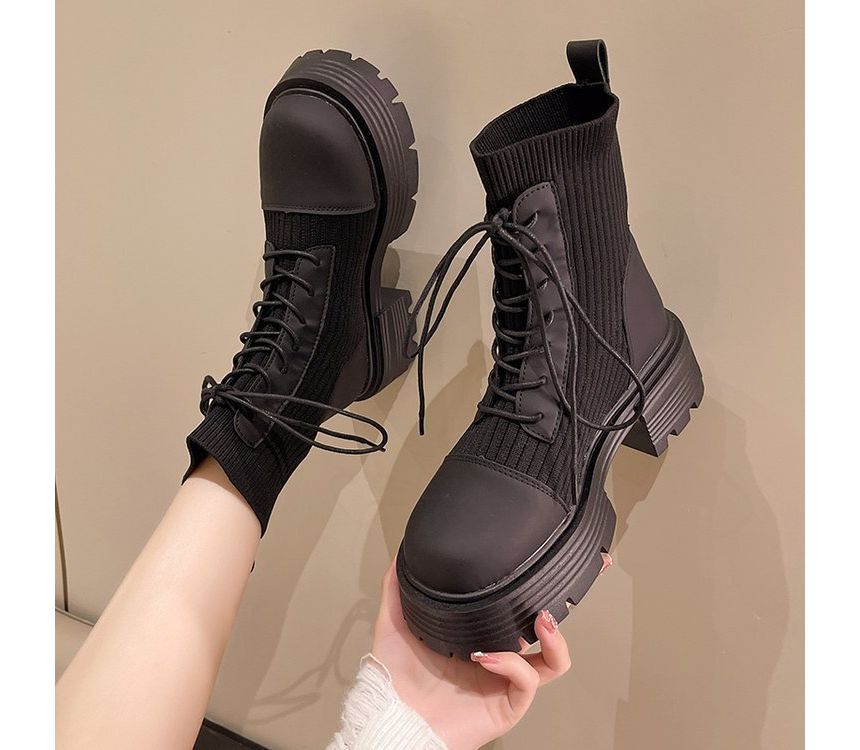 Short Faux Boots Platform Leather Lace-Up Panel Knit