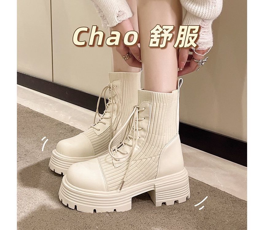 Short Faux Boots Platform Leather Lace-Up Panel Knit