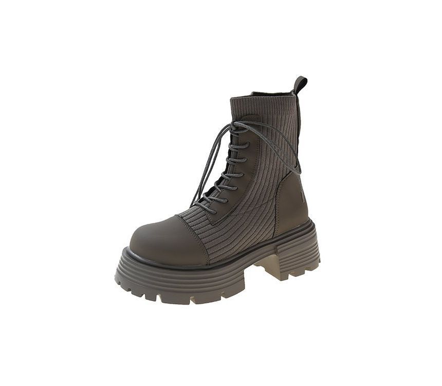 Short Faux Boots Platform Leather Lace-Up Panel Knit