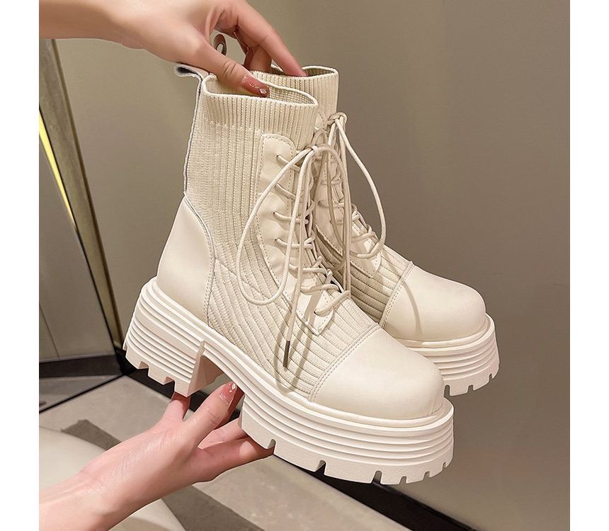 Short Faux Boots Platform Leather Lace-Up Panel Knit
