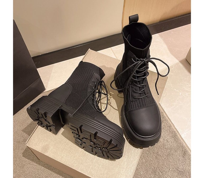 Short Faux Boots Platform Leather Lace-Up Panel Knit