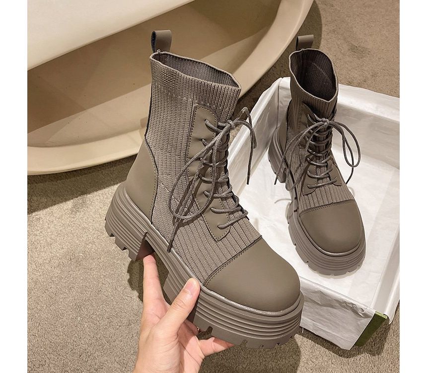 Short Faux Boots Platform Leather Lace-Up Panel Knit