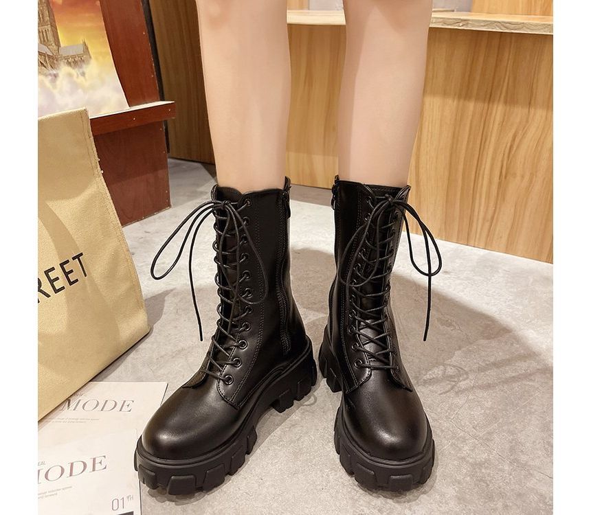 Boots Lace-Up Faux Leather Platform Short