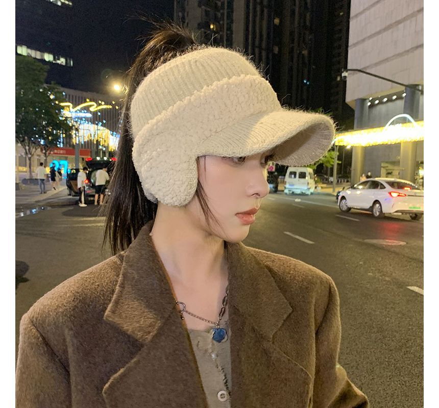 Shearling Lettering Visor Knit Hat Panel Faux