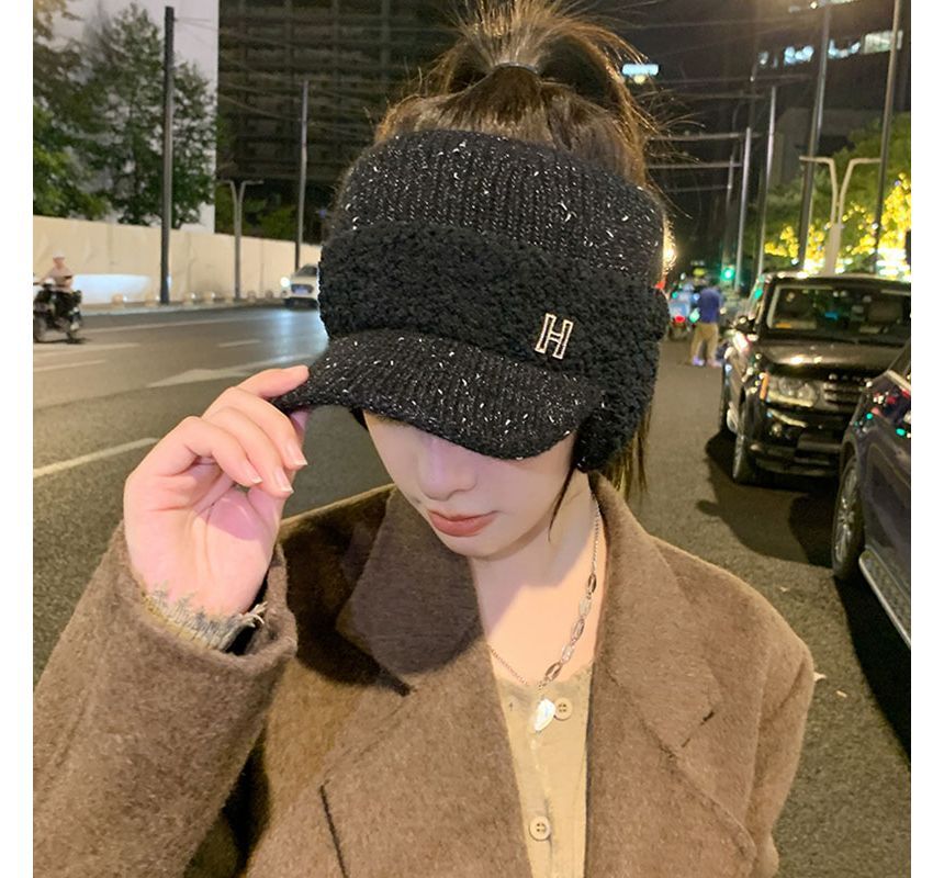 Shearling Lettering Visor Knit Hat Panel Faux