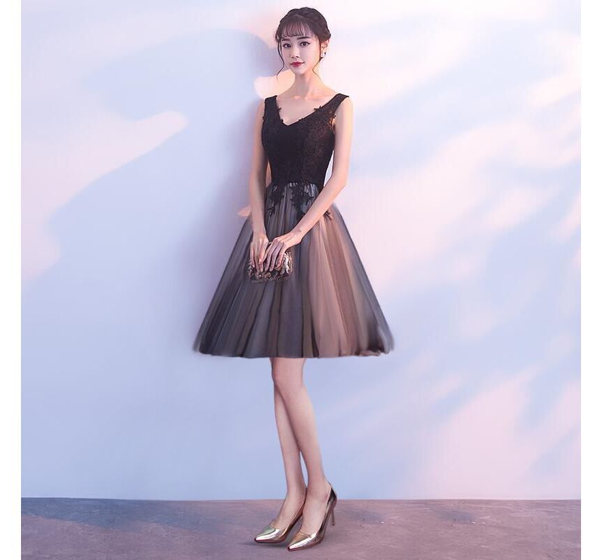 Evening Sleeveless Gown / Dress Panel A-Line Lace Mesh Cocktail V-Neck