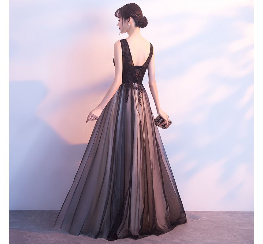 Evening Sleeveless Gown / Dress Panel A-Line Lace Mesh Cocktail V-Neck