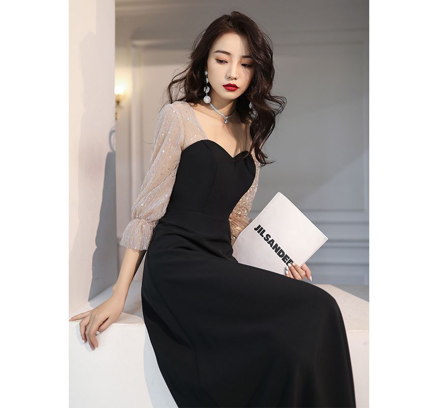 Neck A-Line 3/4-Sleeve Evening Gown Dress Sweetheart Mesh Sequin / Cocktail Panel