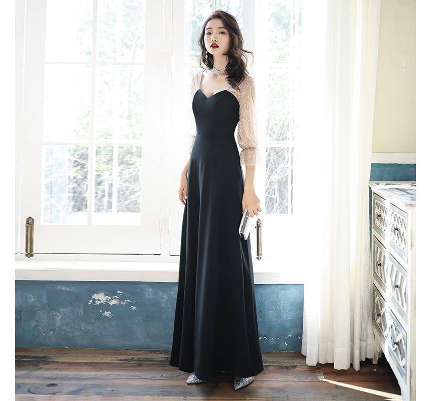 Neck A-Line 3/4-Sleeve Evening Gown Dress Sweetheart Mesh Sequin / Cocktail Panel