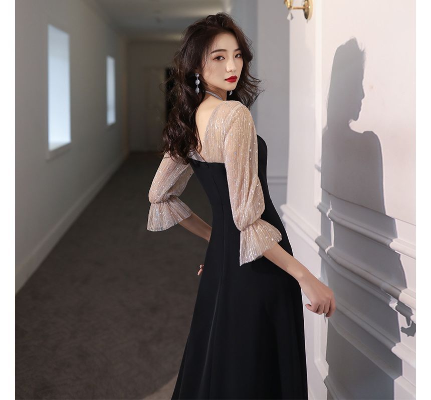 Neck A-Line 3/4-Sleeve Evening Gown Dress Sweetheart Mesh Sequin / Cocktail Panel