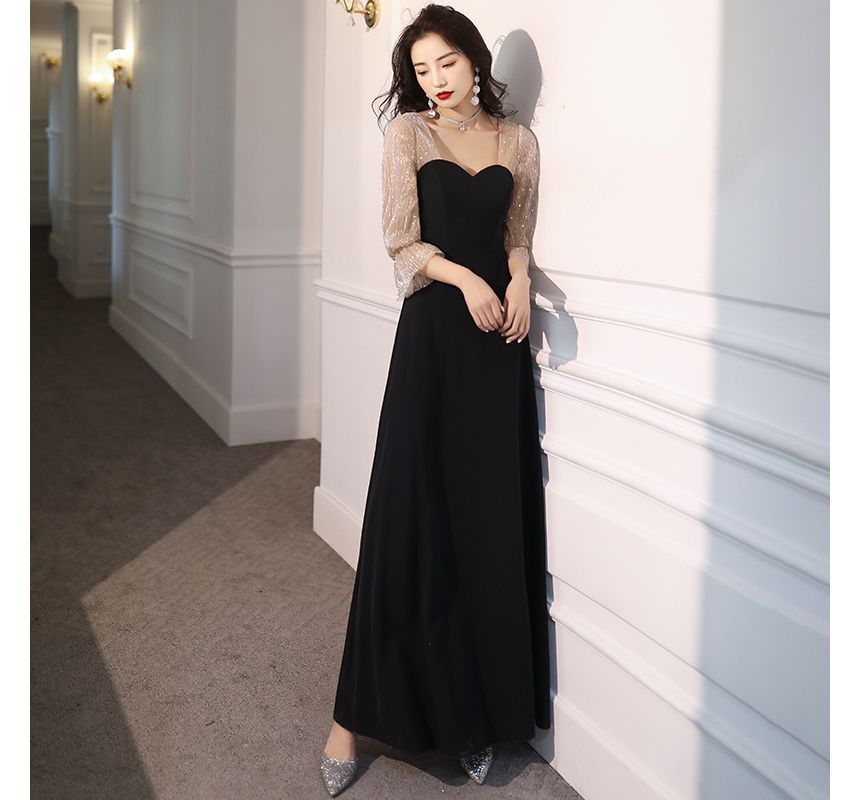 Neck A-Line 3/4-Sleeve Evening Gown Dress Sweetheart Mesh Sequin / Cocktail Panel