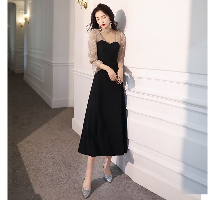 Neck A-Line 3/4-Sleeve Evening Gown Dress Sweetheart Mesh Sequin / Cocktail Panel