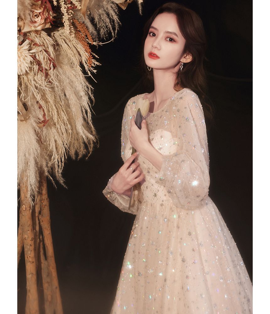 A-Line Sequin Mesh Gown Plain Evening