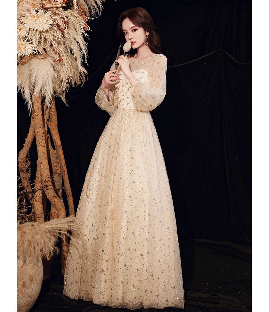 A-Line Sequin Mesh Gown Plain Evening