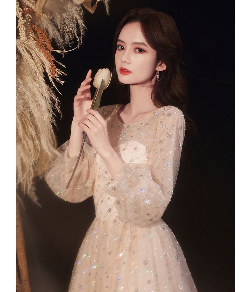 A-Line Sequin Mesh Gown Plain Evening