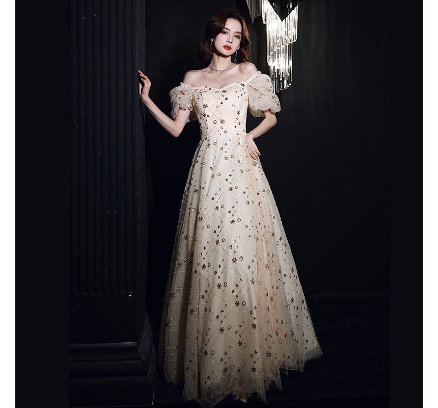 A-Line Sequin Mesh Gown Plain Evening