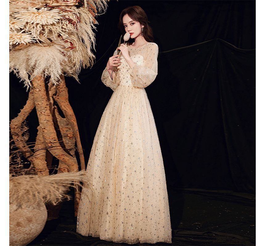 A-Line Sequin Mesh Gown Plain Evening