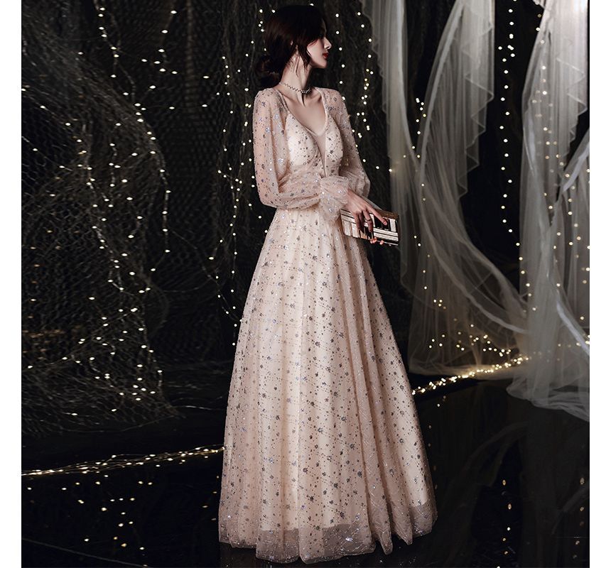 A-Line Sequin Mesh Gown Plain Evening