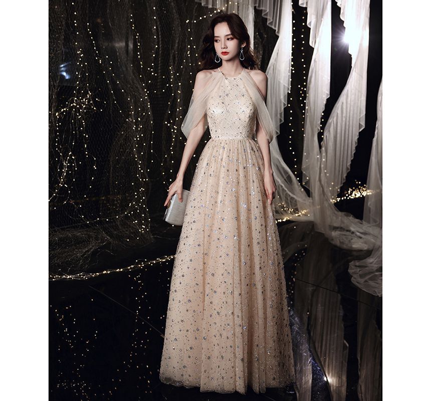 A-Line Sequin Mesh Gown Plain Evening