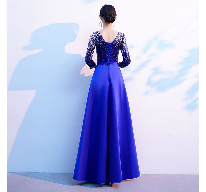 Round Sequin Evening Gown 3/4-Sleeve Satin Plain Neck A-Line