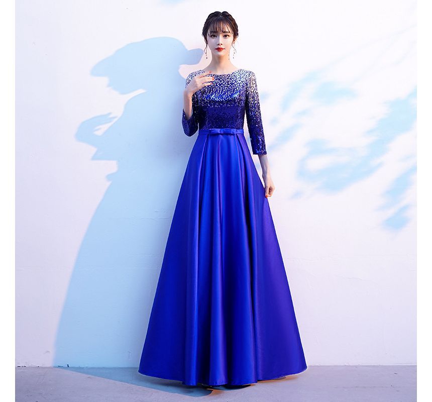 Round Sequin Evening Gown 3/4-Sleeve Satin Plain Neck A-Line