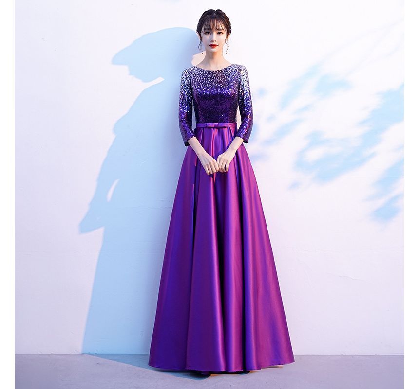 Round Sequin Evening Gown 3/4-Sleeve Satin Plain Neck A-Line