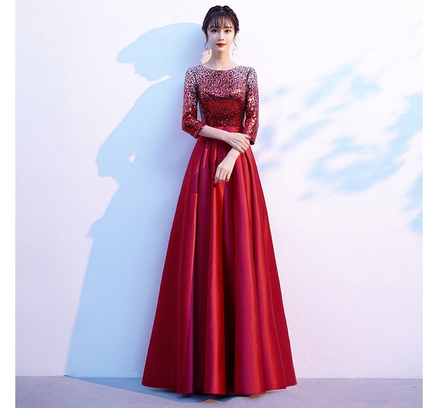 Round Sequin Evening Gown 3/4-Sleeve Satin Plain Neck A-Line