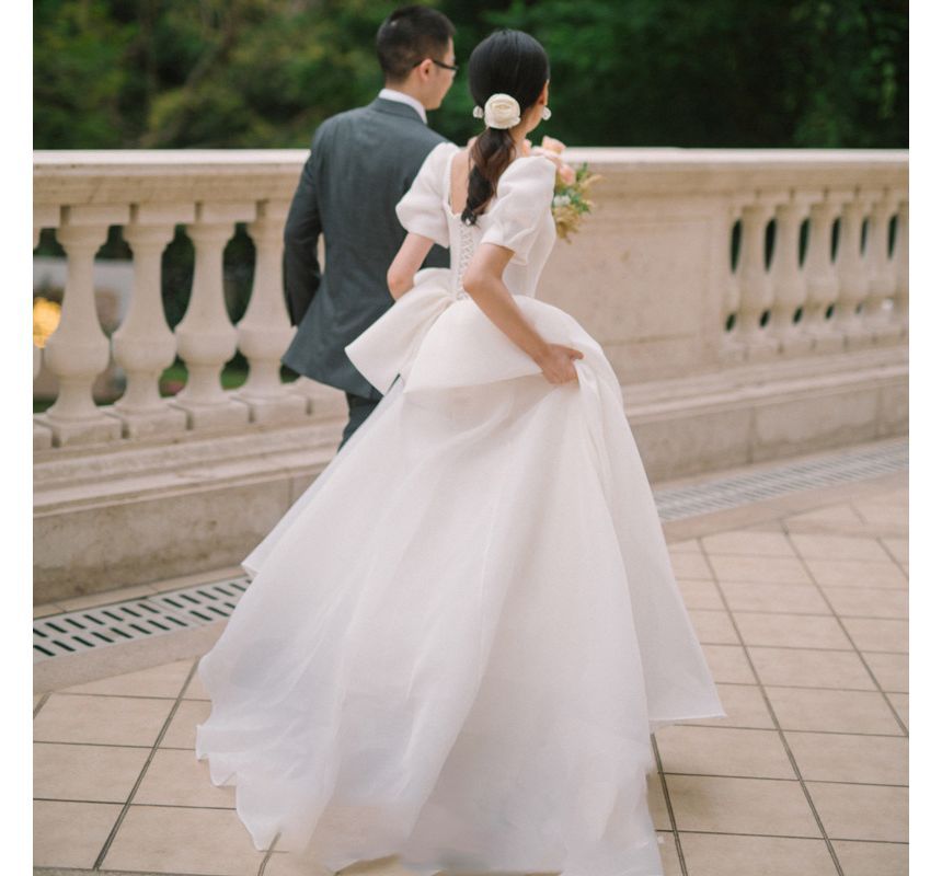 Faux Gown A-Line Puff Ruched Sleeve Plain Wedding Sweetheart Pearl Neck