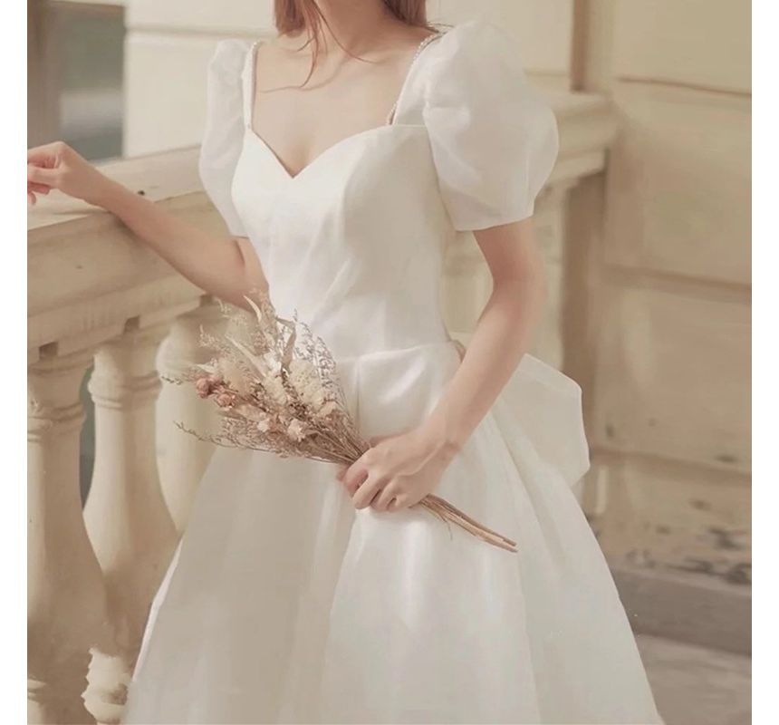 Faux Gown A-Line Puff Ruched Sleeve Plain Wedding Sweetheart Pearl Neck