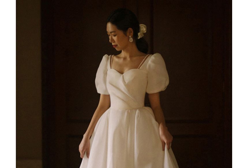 Faux Gown A-Line Puff Ruched Sleeve Plain Wedding Sweetheart Pearl Neck