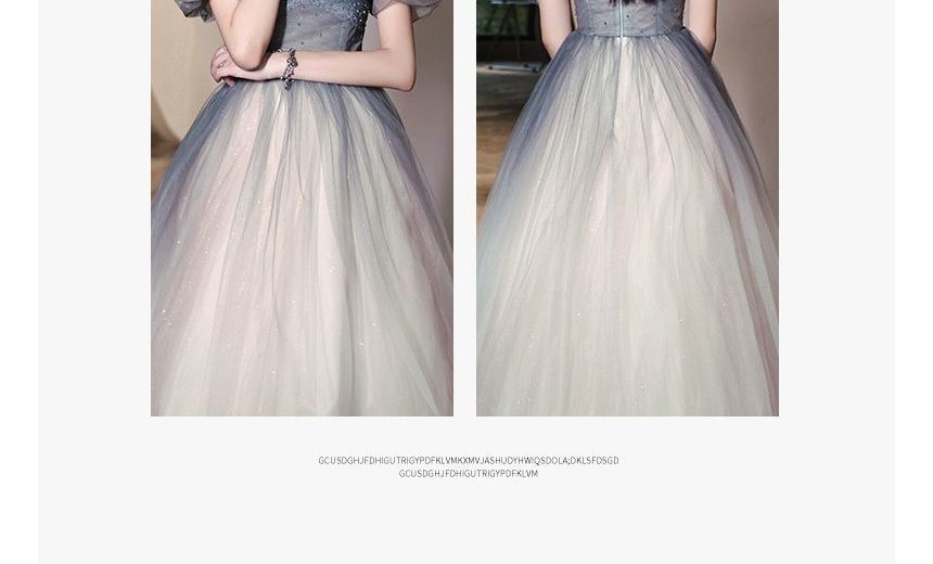 / Gradient Gown Mesh Midi Puff-Sleeve A-Line Dress Evening