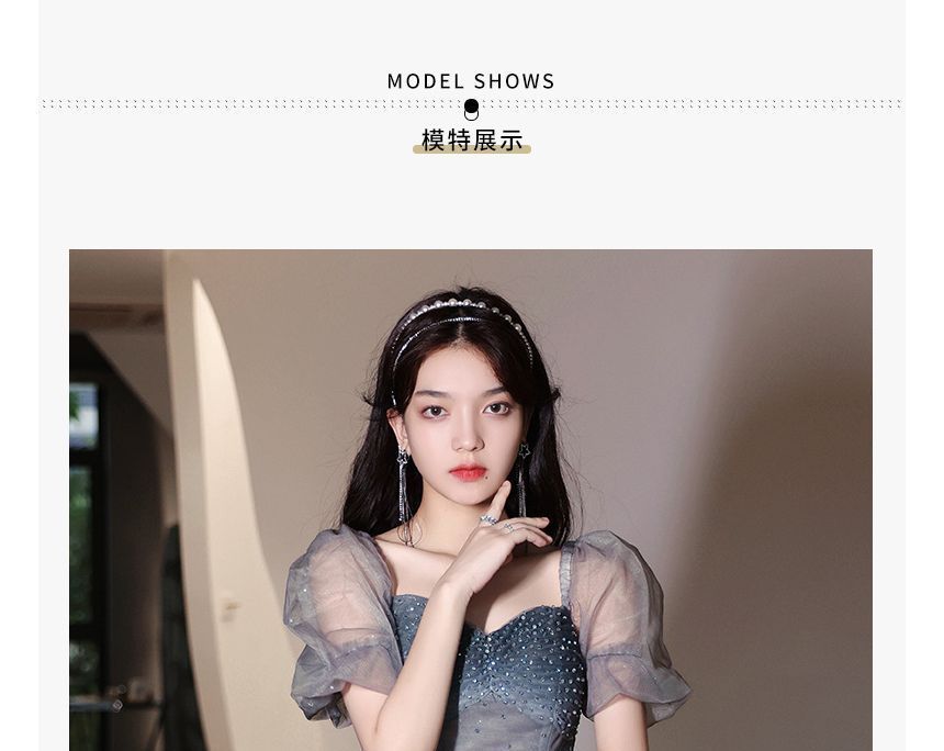 / Gradient Gown Mesh Midi Puff-Sleeve A-Line Dress Evening