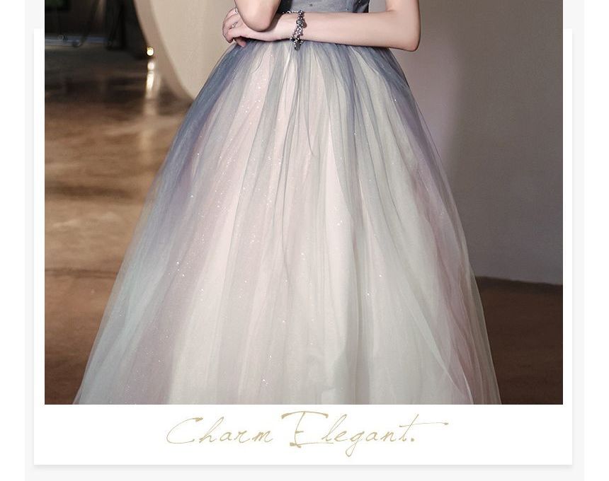 / Gradient Gown Mesh Midi Puff-Sleeve A-Line Dress Evening